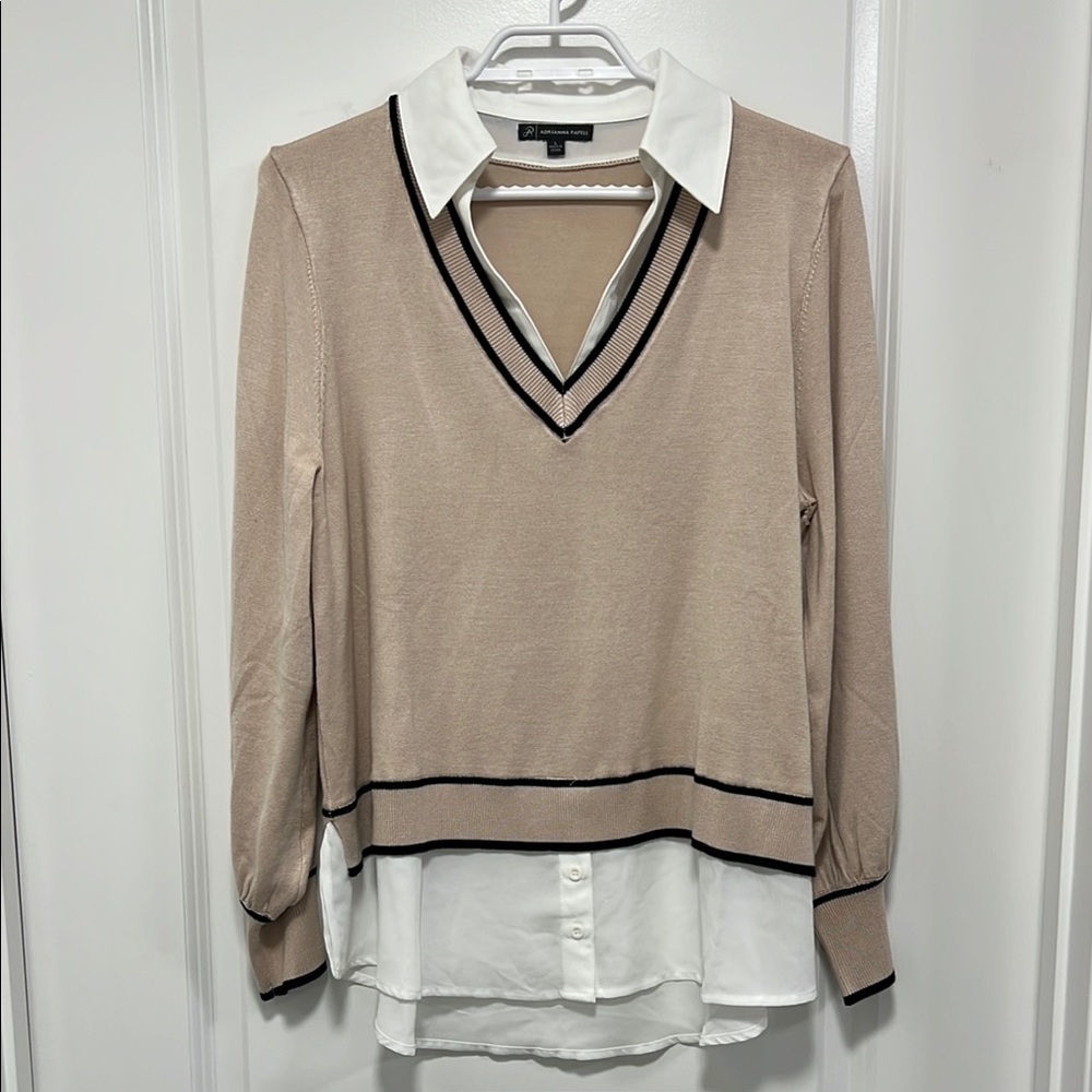 Tan V-Neck Sweater with White Layered Shirt